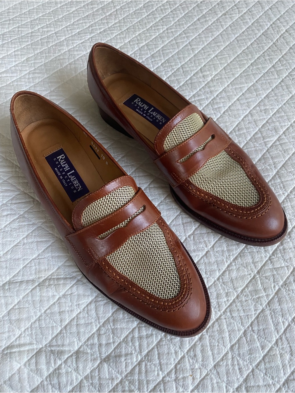 Ralph Lauren Collection Brown Leather Cream Mesh Penny Loafers Preppy Old Money